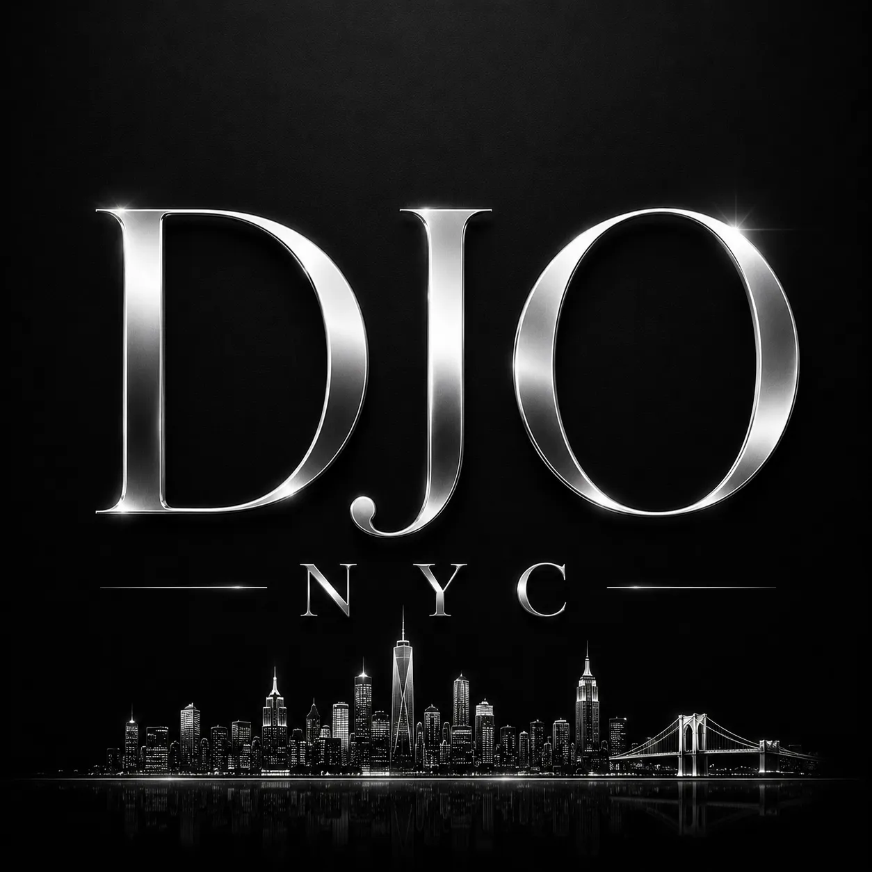 DJ O NYC chrome logo over the New York skyline